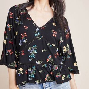 Anthropologie Black Floral Blouse with Lace Trim